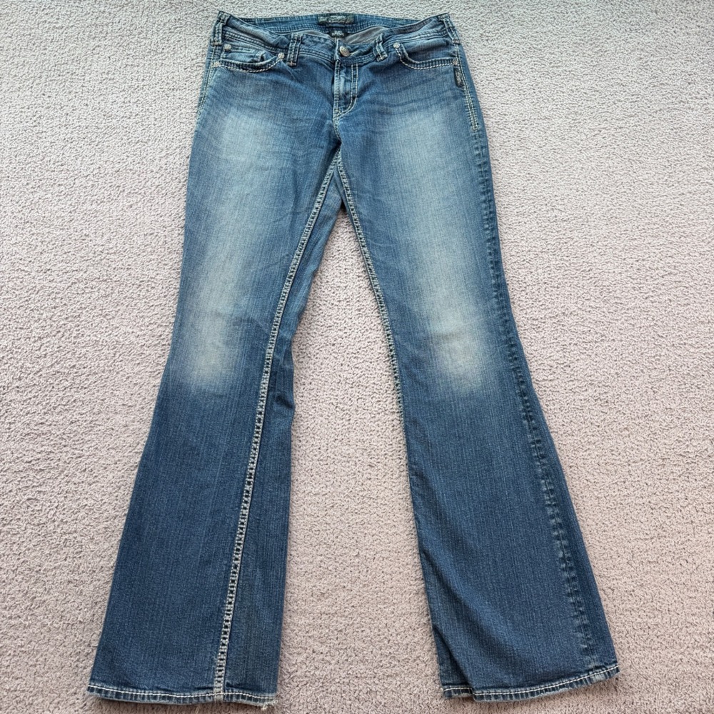 Silver Jeans Co Suki Surplus Blue Flare Jeans W33 L36 Y2K Flap Pocket Denim